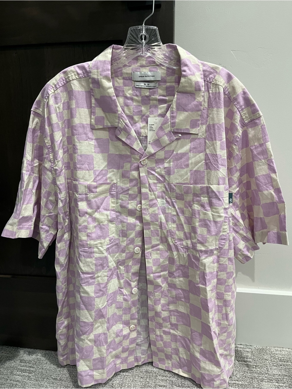 Urban Outfitters Lavender & Cream Checkerboard Short Sleeve Button-Down